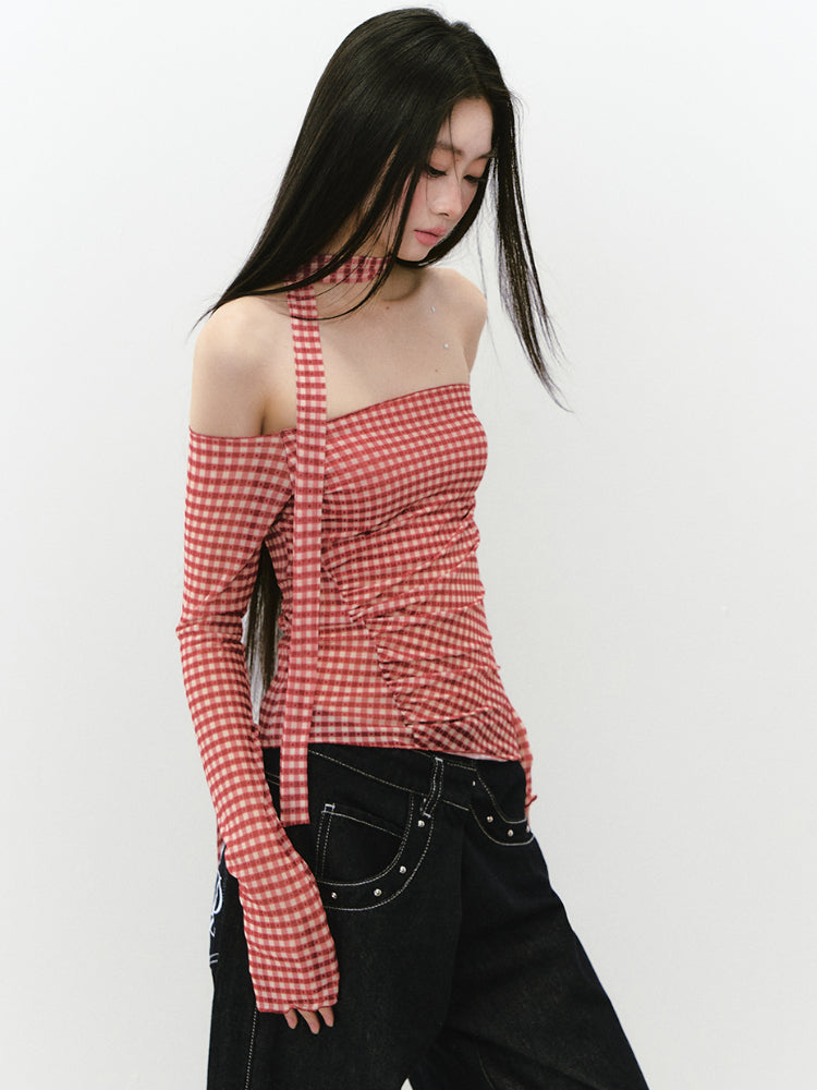 Plaid Mesh Ribbon Sunshade Long Sleeve T-shirt