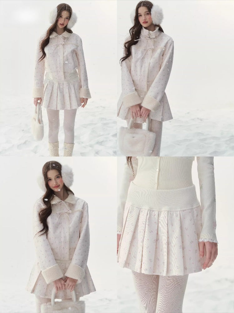Floral Corduroy Shearling Jacket & Skirt Set
