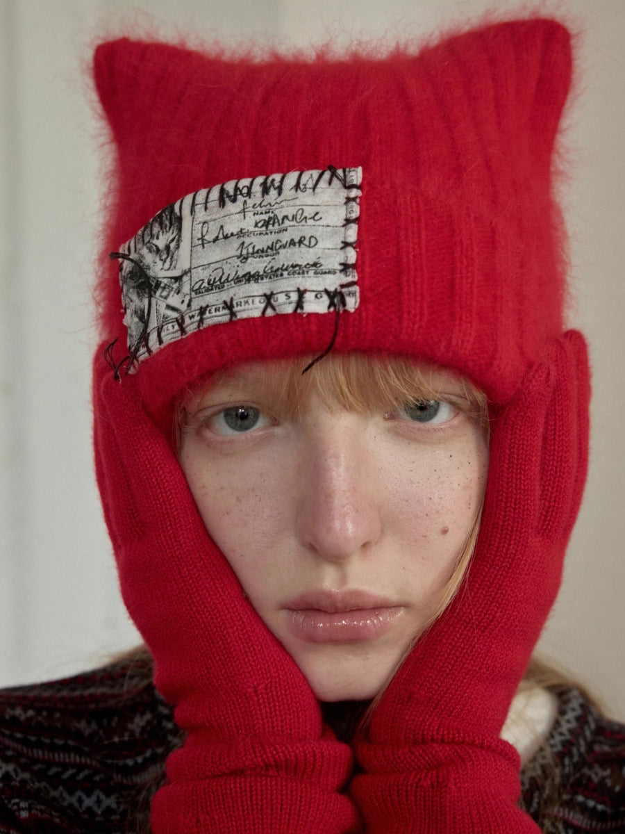 Knitted Cat-Ear Beanie with Hand-Stitched Label