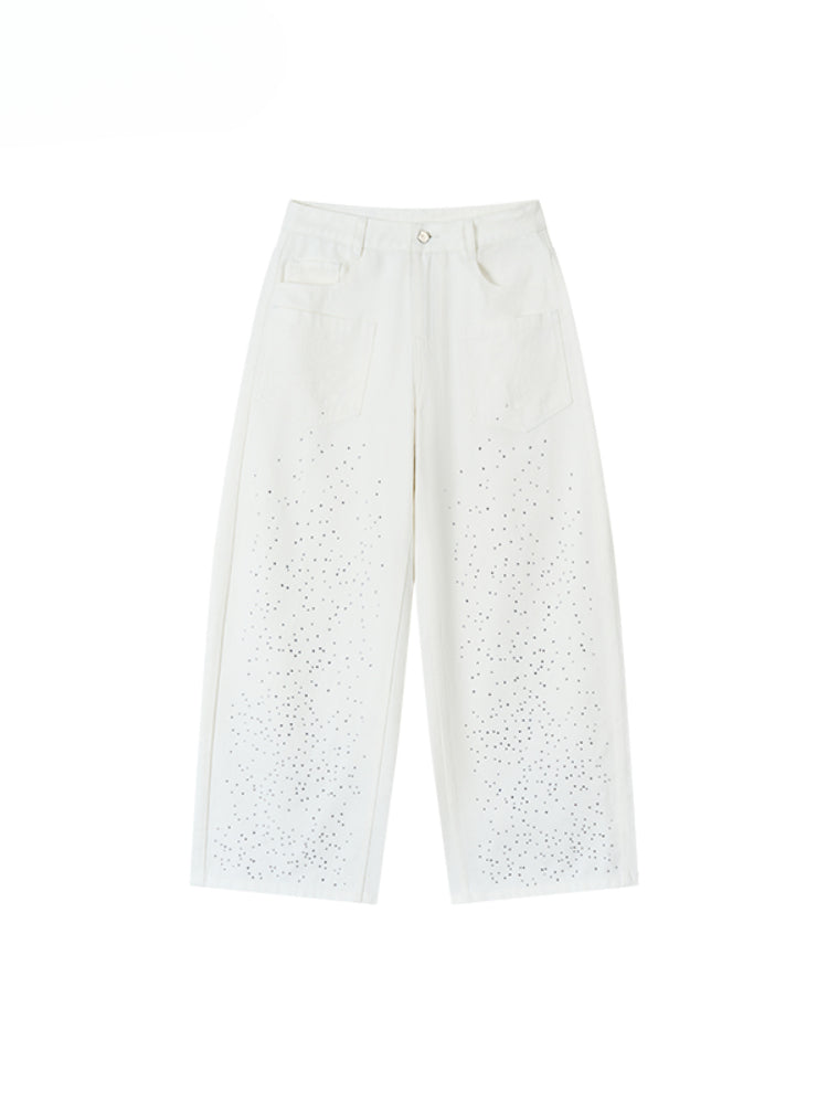 3D Rhinestone Wide - leg Denim Pants
