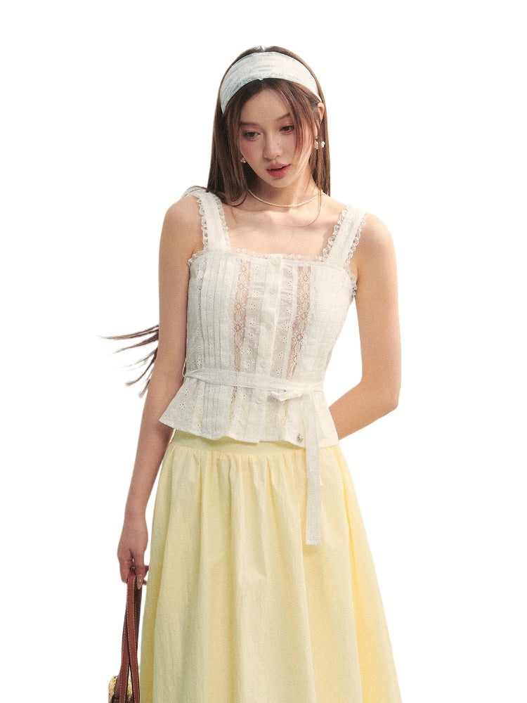 Hollow-out Lace-spliced Tie-up Vest