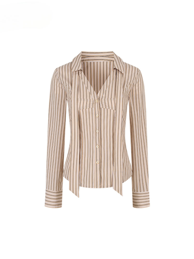 Contrast-colored Collared Waist-cinched Shirt