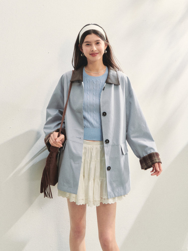 Plaid Patchwork Color-Block Trench Coat