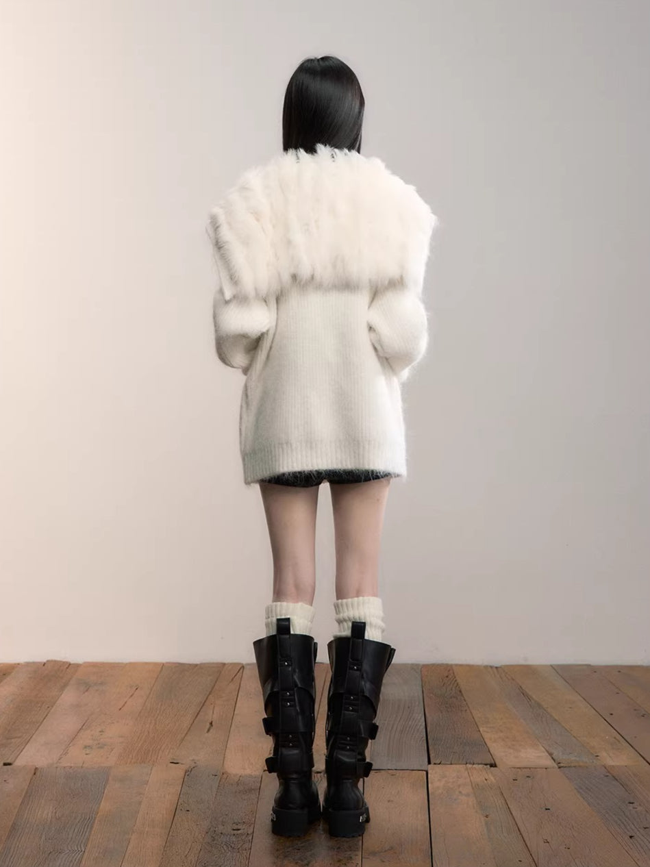Fox Fur Large Notch Collar Cardigan