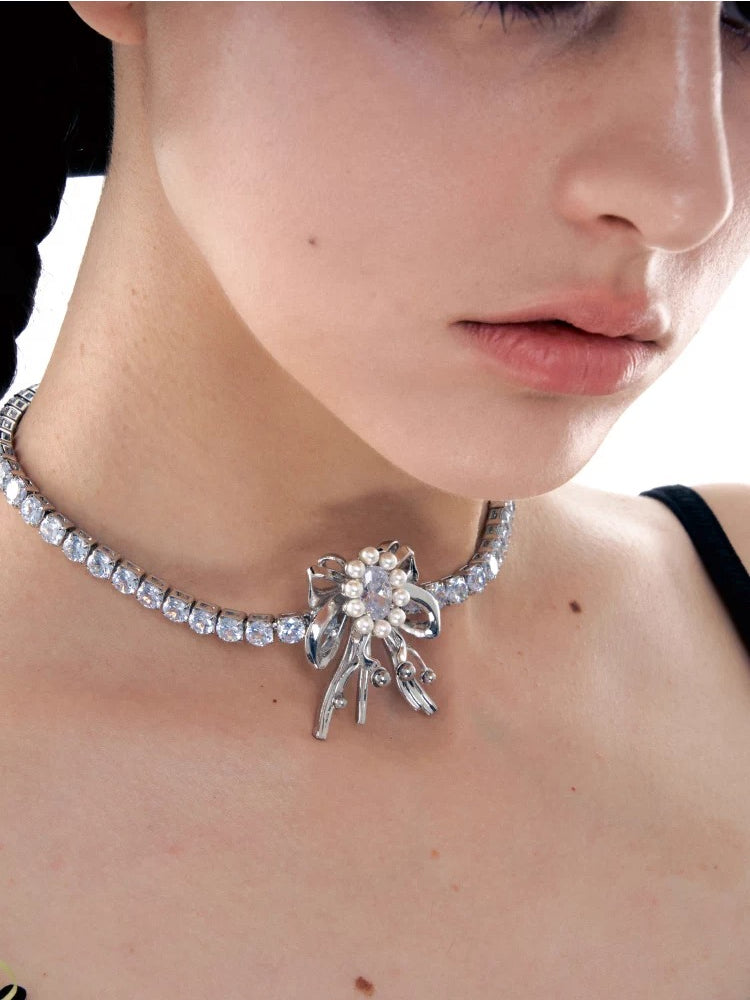 Vintage Bow Pearl Zircon Choker