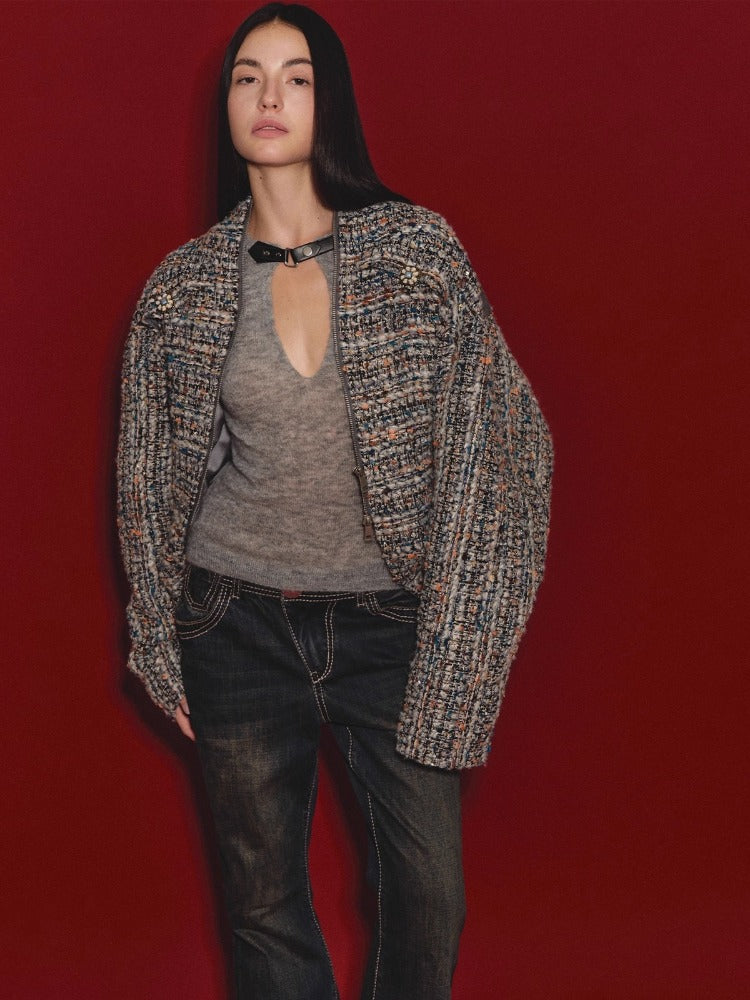 Wool Diamond-Stitch Tweed Jacket