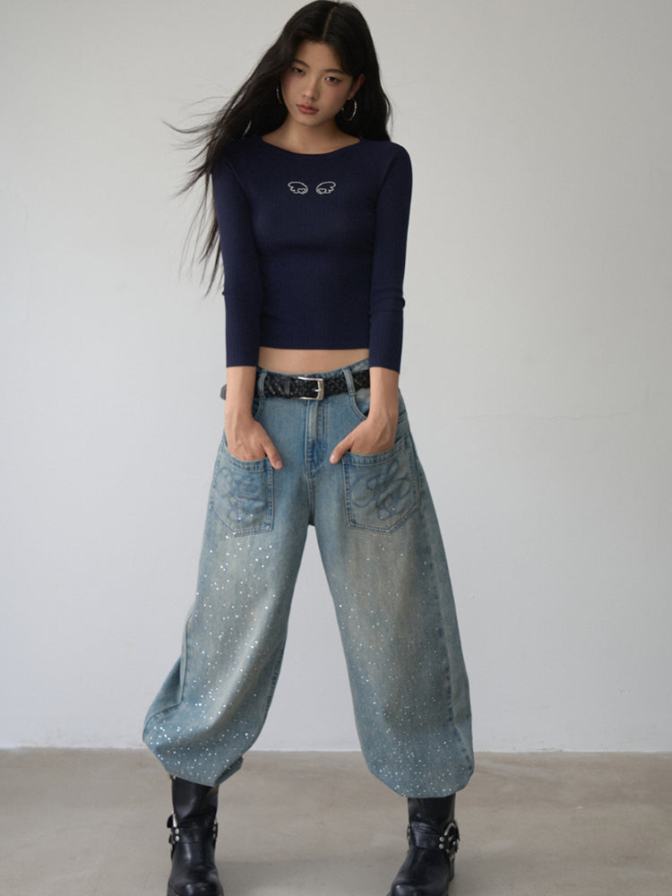 Rhinestone Heart Wings Slim Long-sleeved T-shirt