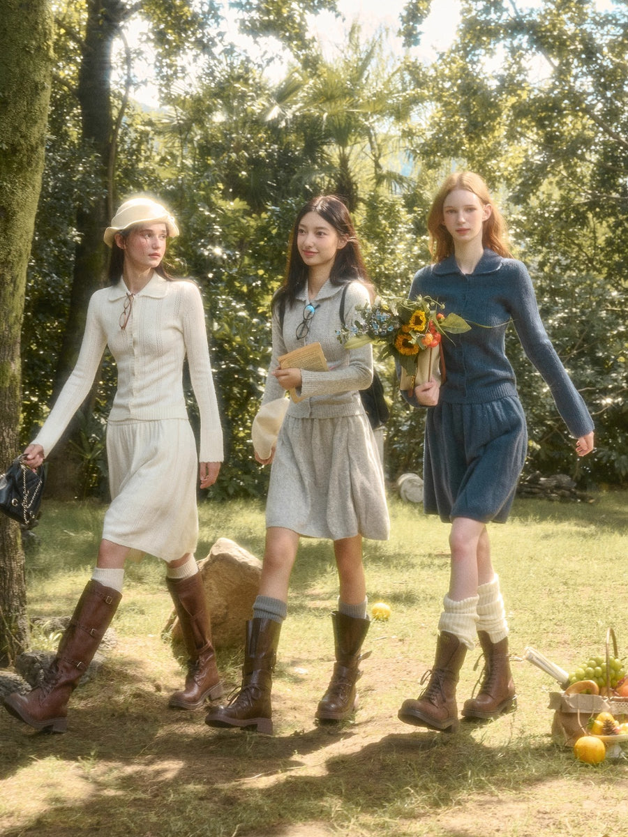 Snow Library Wool Knit Cape Cardigan & Skirt Set