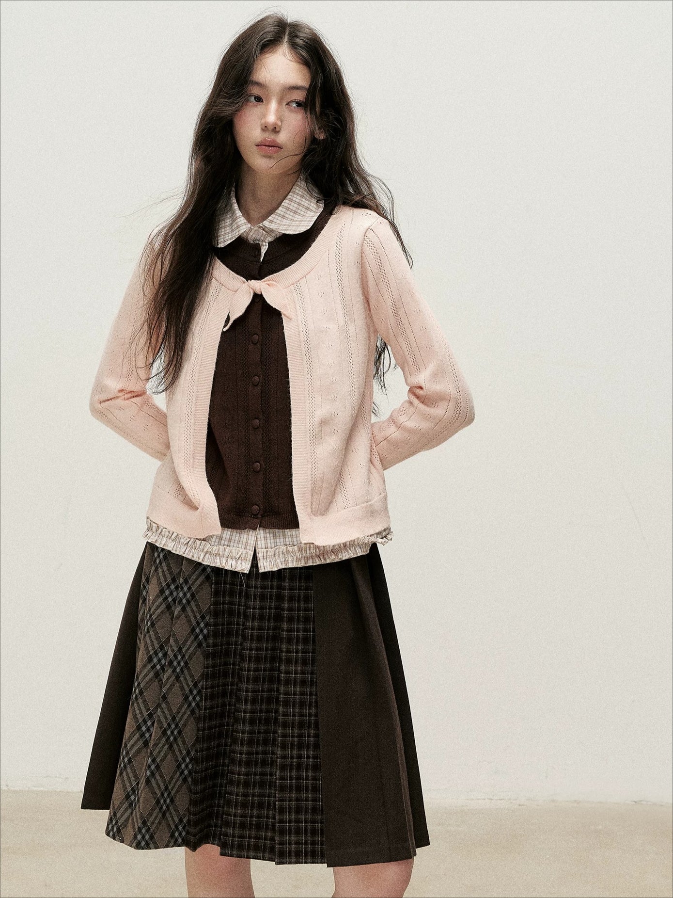 Plaid Collar Layered Knit Top