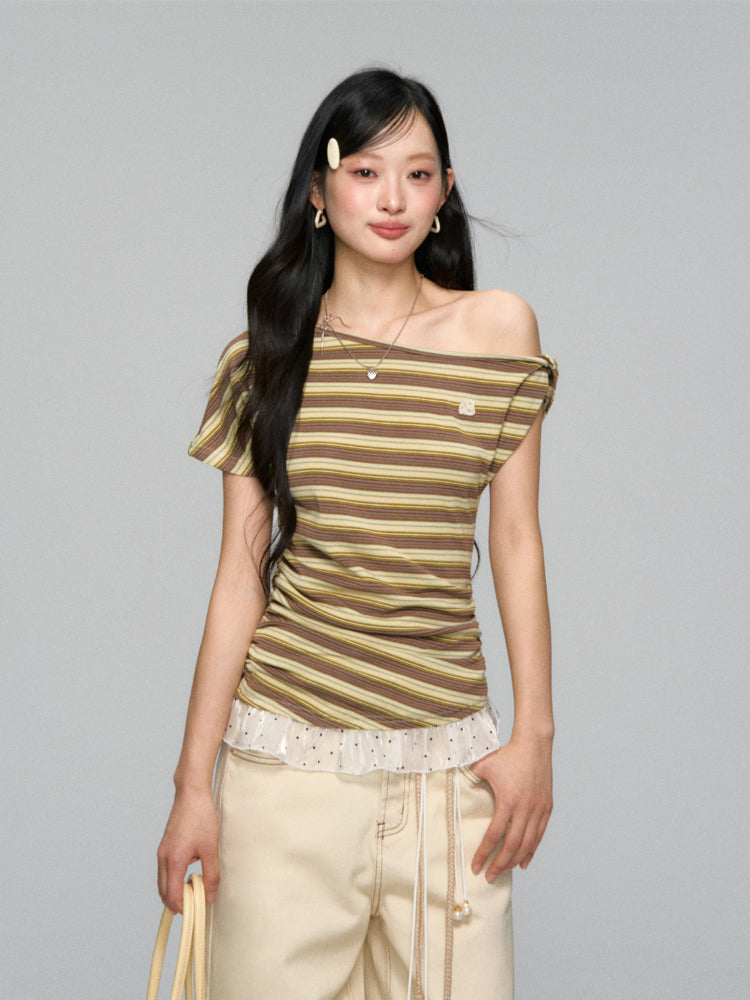 Striped Lace-Spliced Asymmetric-Shoulder T-shirt