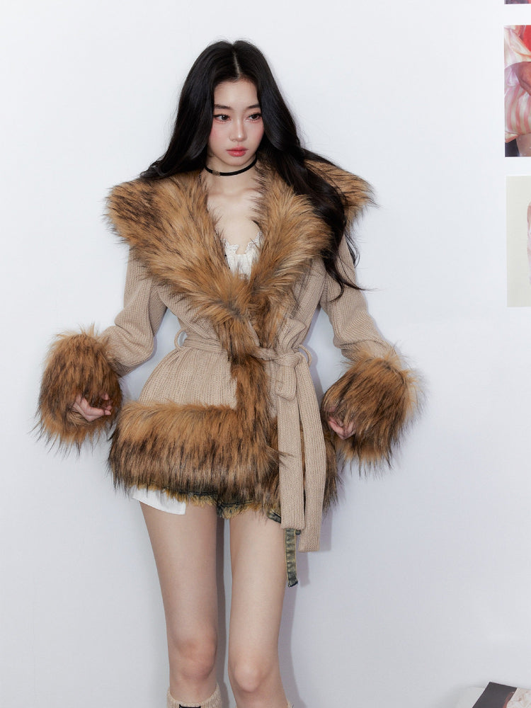 Knitted Fur Thickened Waist-Cinching Coat