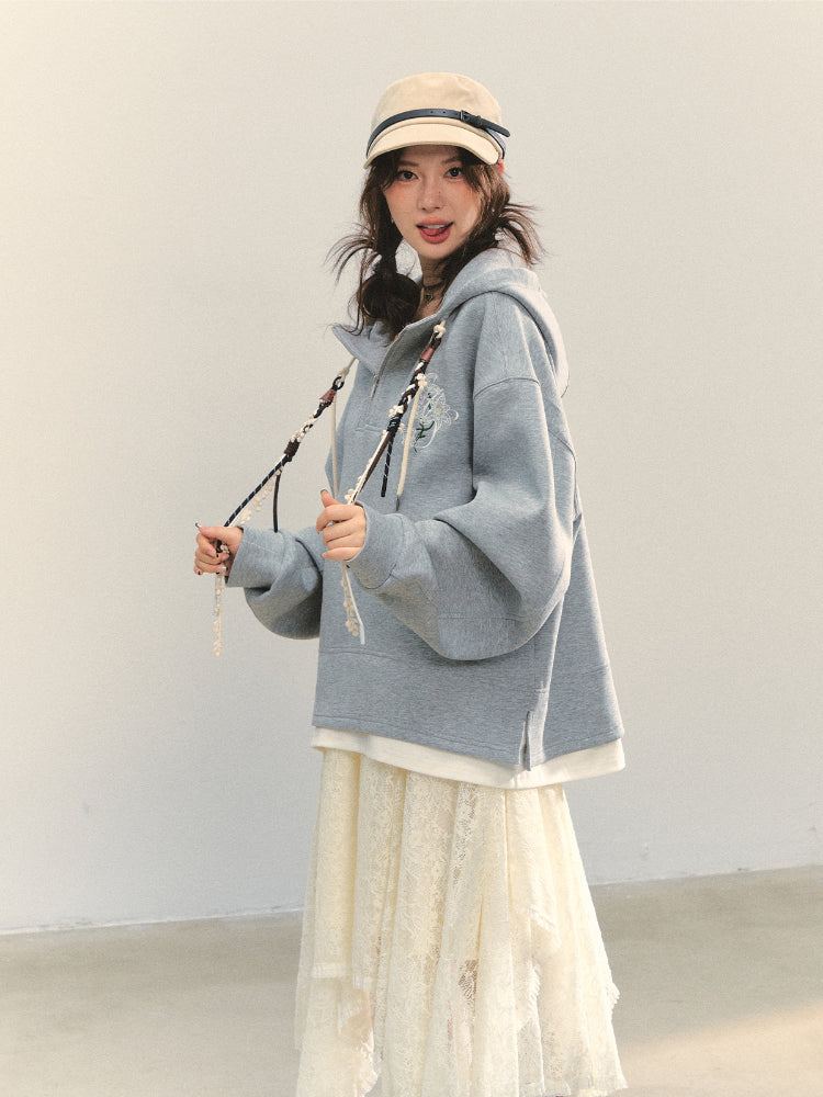 Fake Two-Piece Flower Embroidery Hat Cord Pullover Hoodie