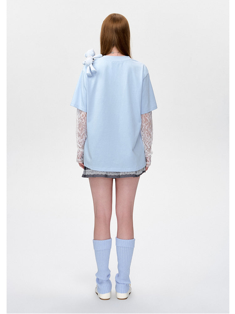Lace Bear Fake Two- Piece Round-Neck T-Shirt