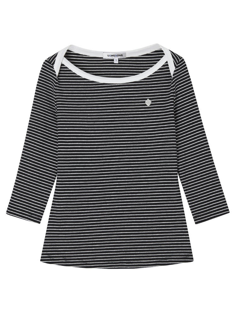 Envelope Neck Mid-sleeve Striped T-Shirt