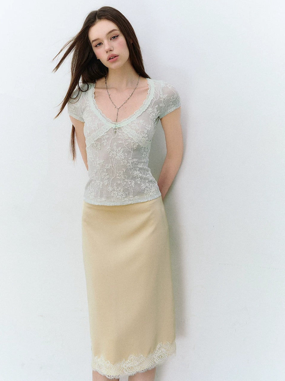 Pink & Green Lace Knit V‑Neck Tee