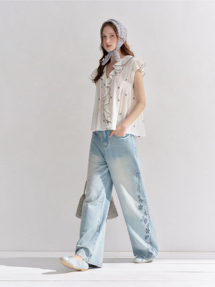 Lace Trim Ruffle V-Neck Blouse