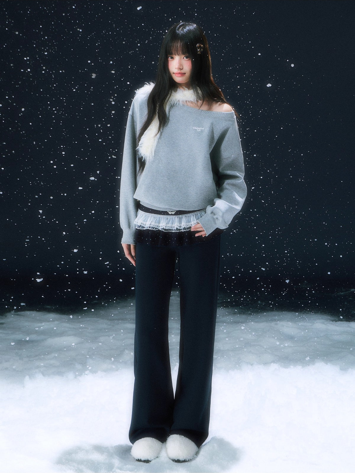 Navy Blue Star Lace Pleated Straight-leg Pant Set