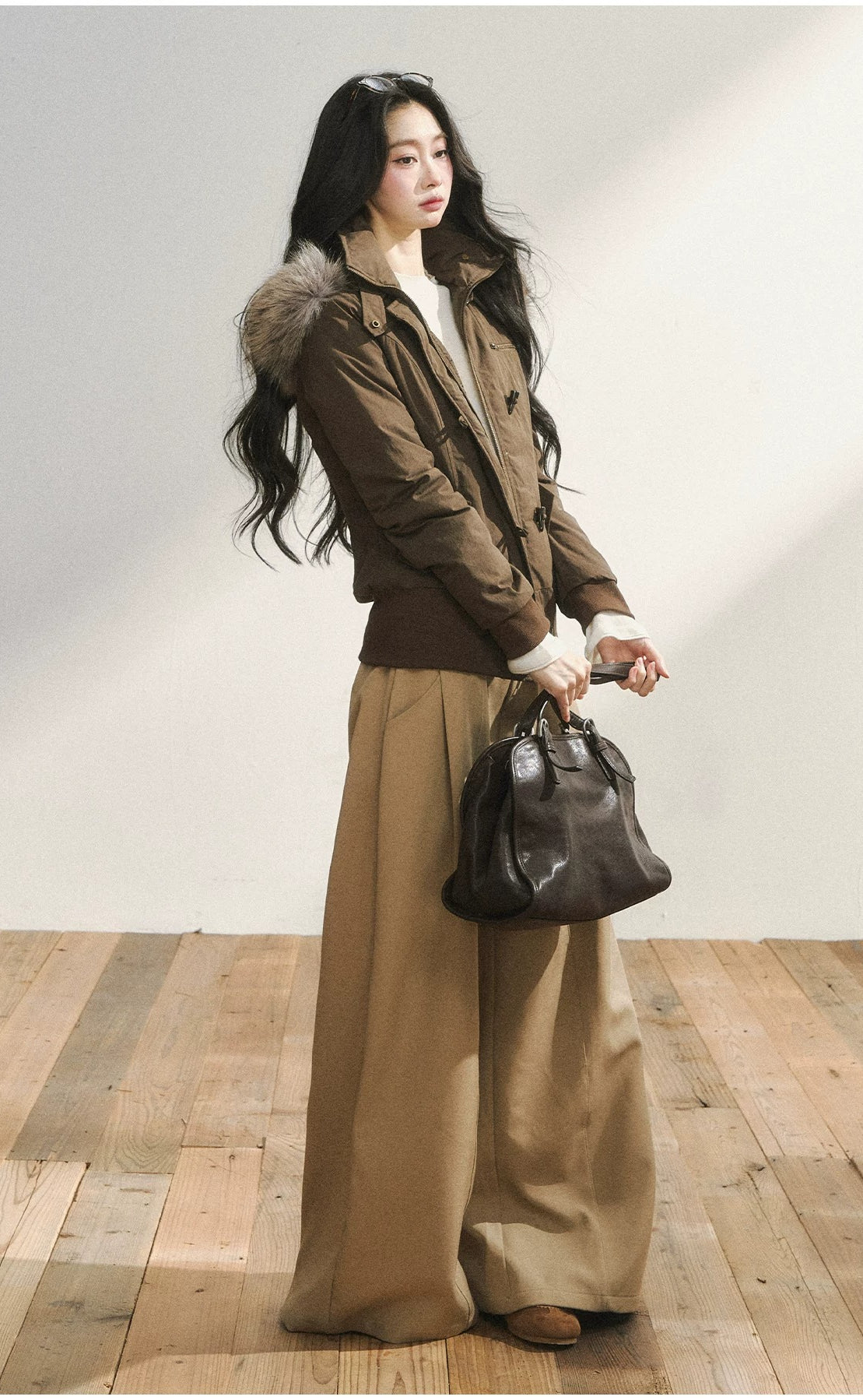 Brown Faux Fur Hooded Toggle Coat