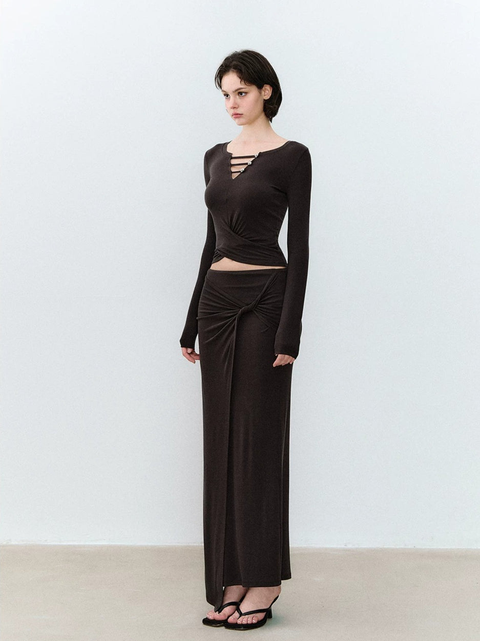Brown Twist Top & Skirt Set