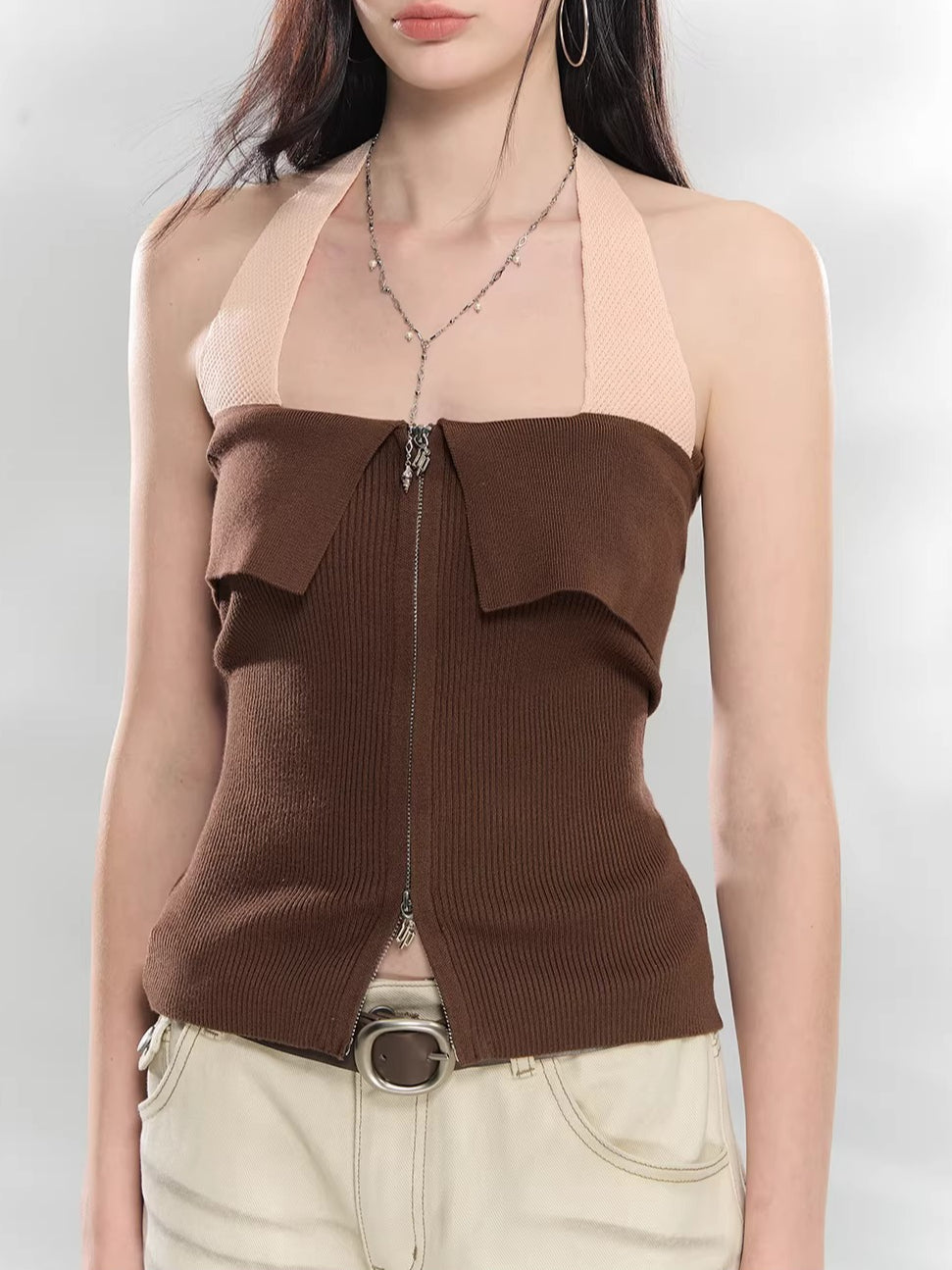 Contrast Zip Halter Top
