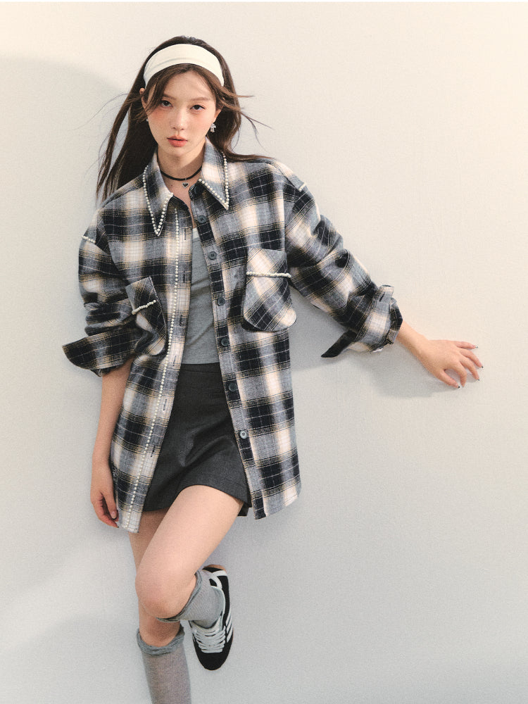 Pearl-Trimmed Polo-Neck Checkered Shirt