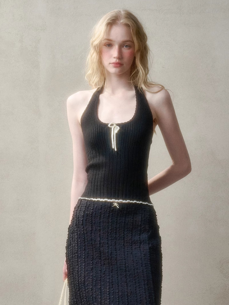 Hollow-out Color-blocking Knit Top