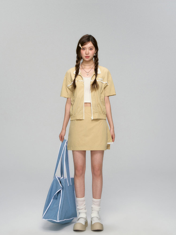 Color Blocking Lace Trimmed Short-Sleeve Outerwear & Skirt Set