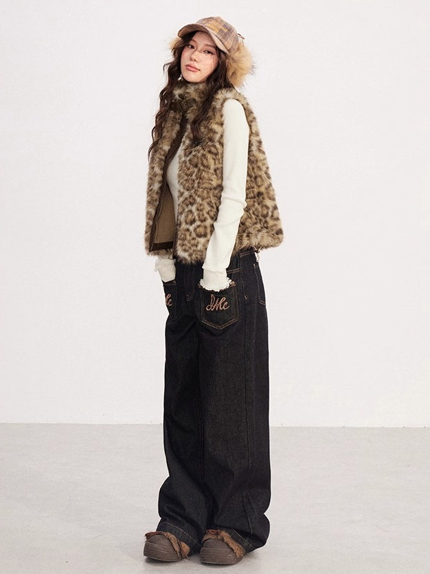 Leopard Print Spliced Faux Fur Vest