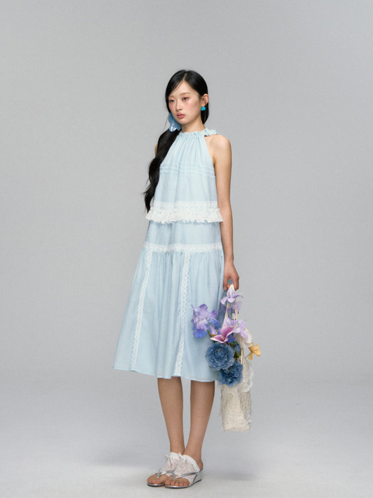 Halter Off-shoulder Lace-trimmed Dress