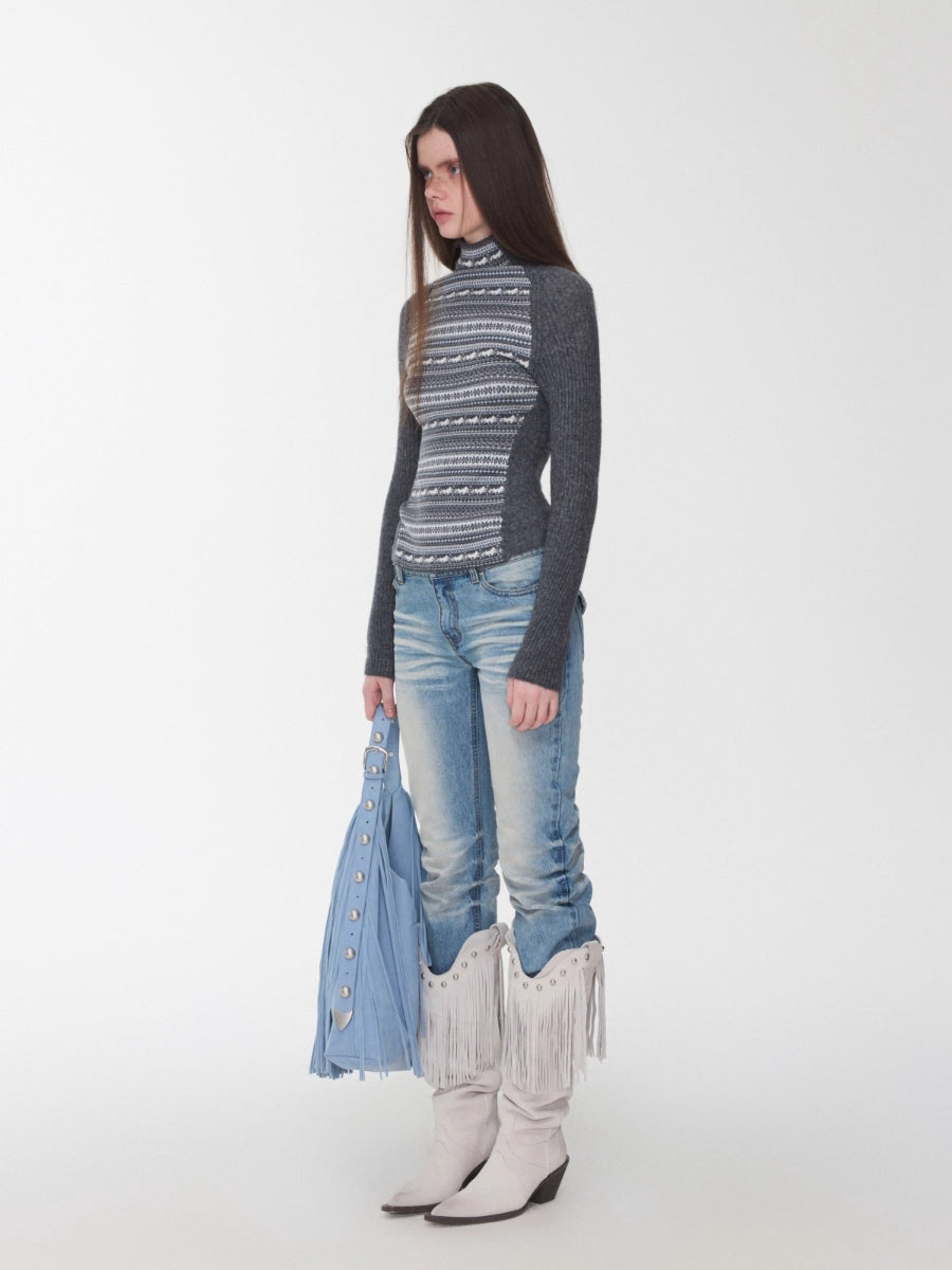 Fair Isle Turtleneck Raglan Sleeve Colorblock Knit Base Layer
