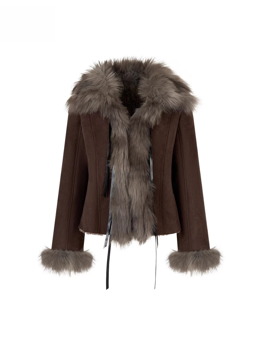 Bow Knot Tie Faux Leather Fur Combo Jacket