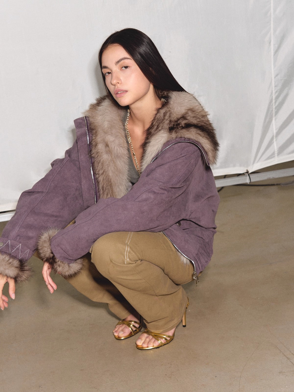 Faux-Suede Fur-Collar Quilted Parka