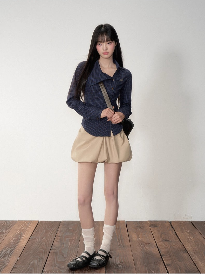 Navy Blue Plaid Lapel Collar Shirt