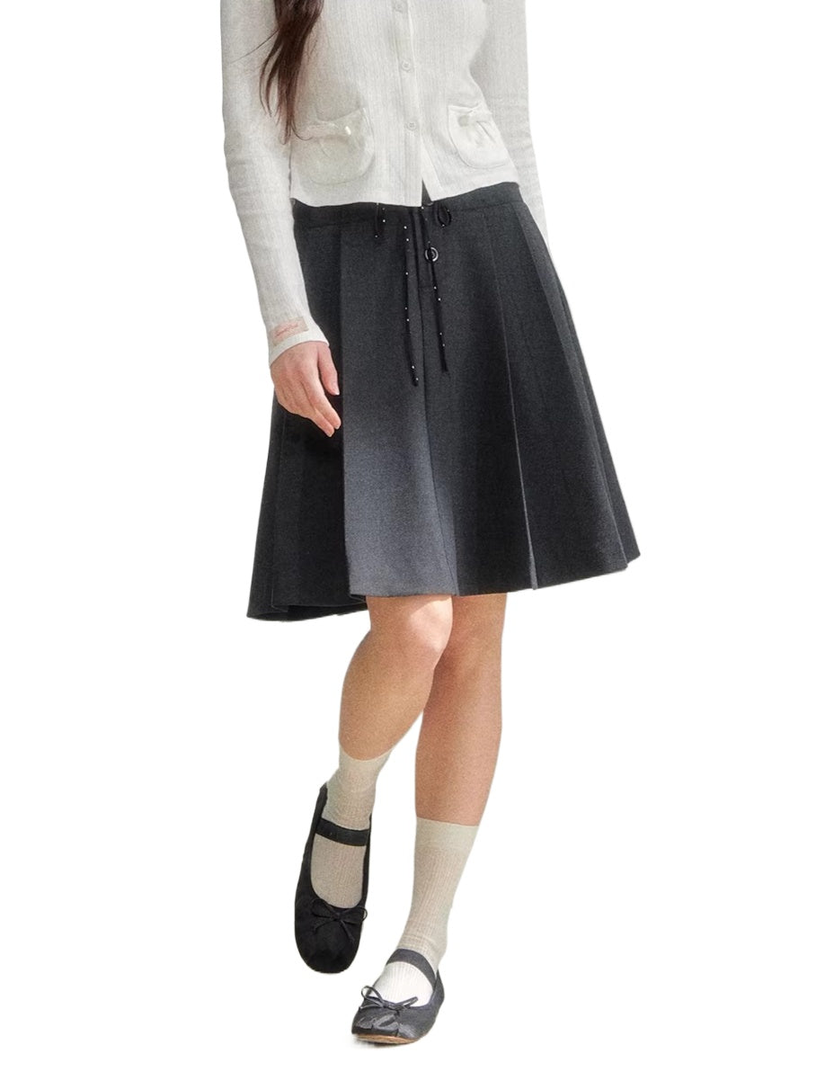 Gray Polka Pleated Midi Skirt