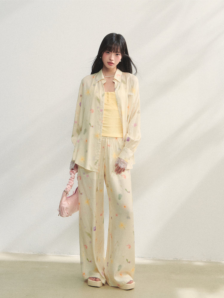 Lace-trimmed Floral Print Long-sleeve Shirt