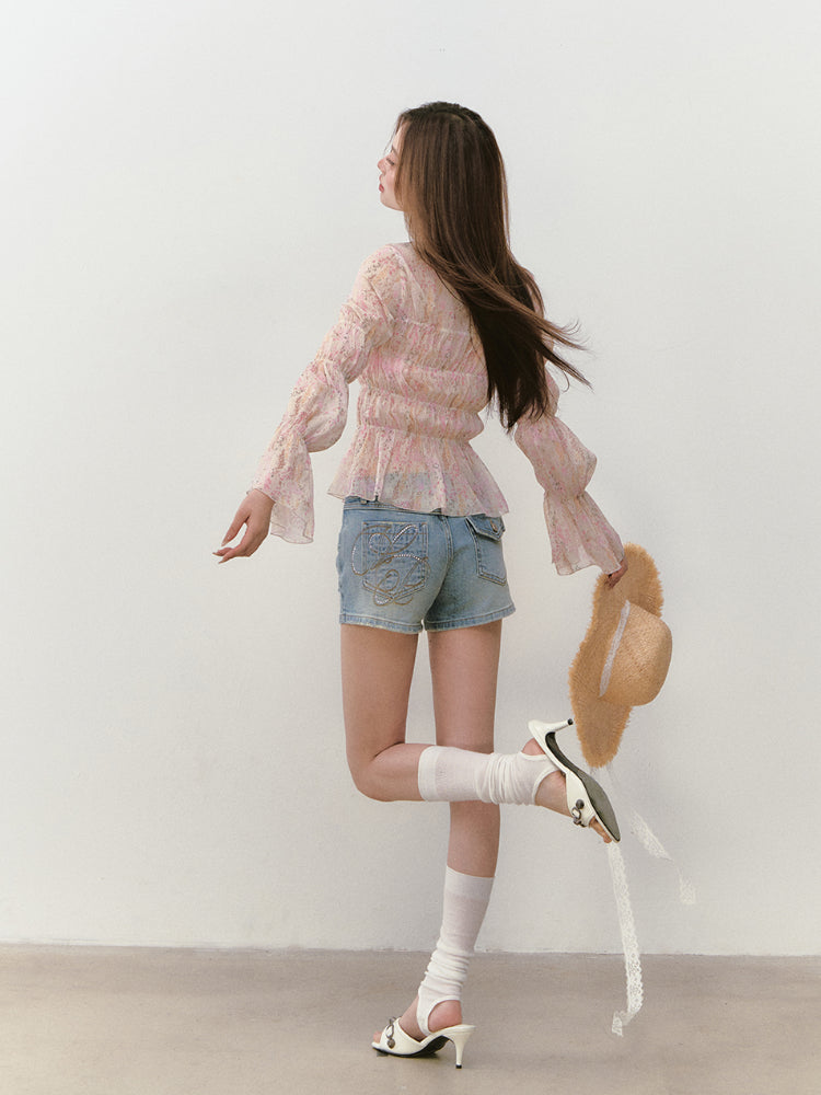 Small Floral Tie-Waist Sun-Protection V-Neck Blouse