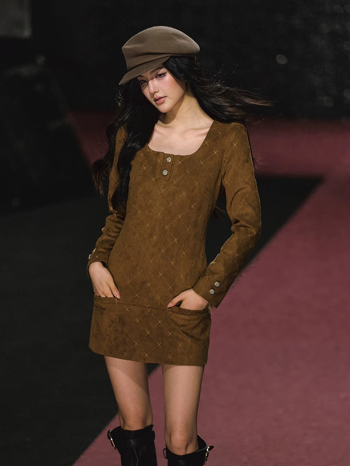 Suede Diamond Cinched Waist Dress