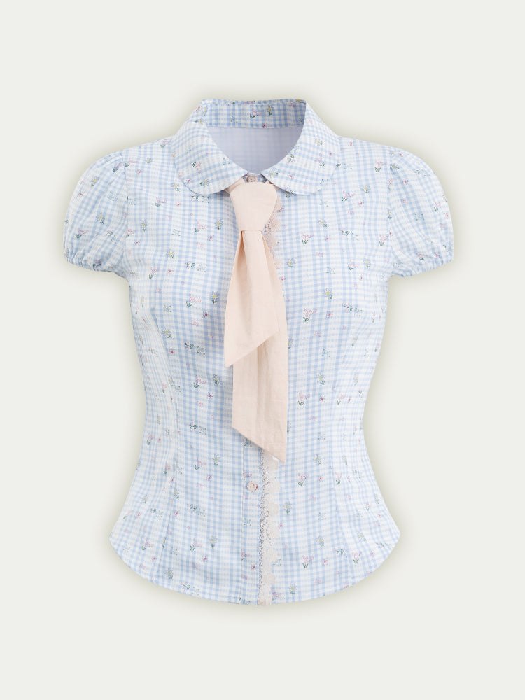 Blue Floral Contrast Check Shirt & Skirt Set