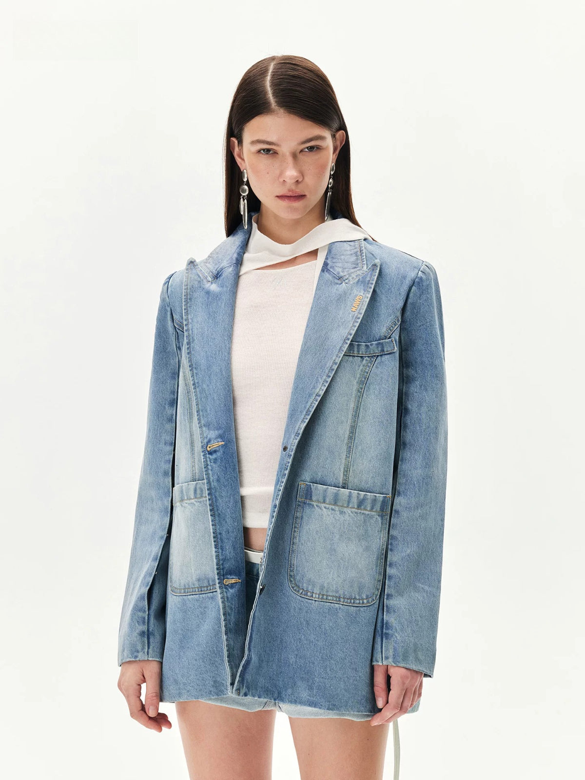 Washed Oversized Denim Blazer Jacket