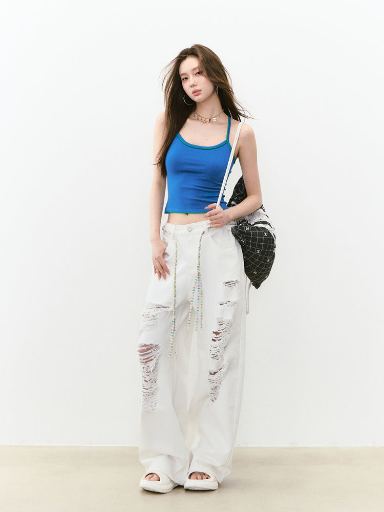 White Rhinestones Ripped Jeans