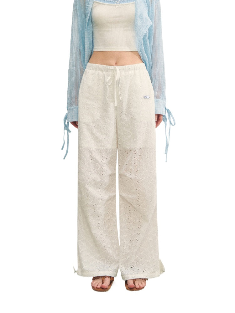 Hollow Embroidery Tie-up Casual Pants