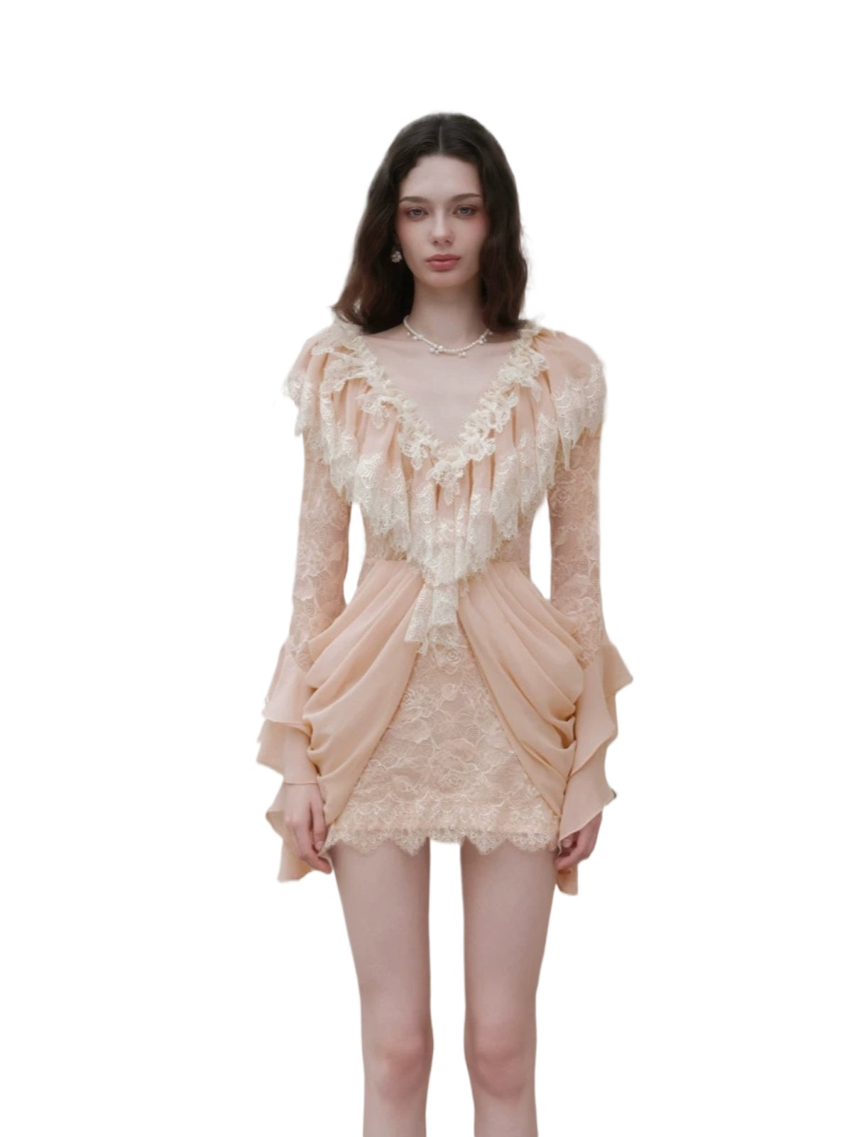 V-Neck Lace Pleated Dress
