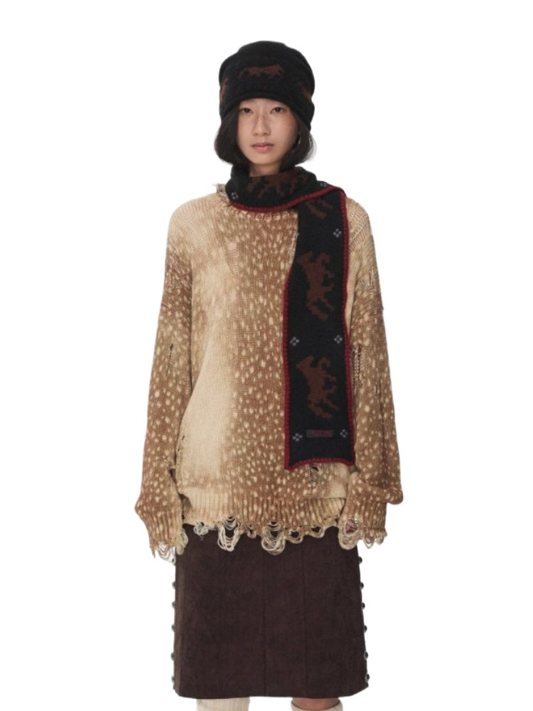 Vintage Deer Print Distressed Knit Sweater