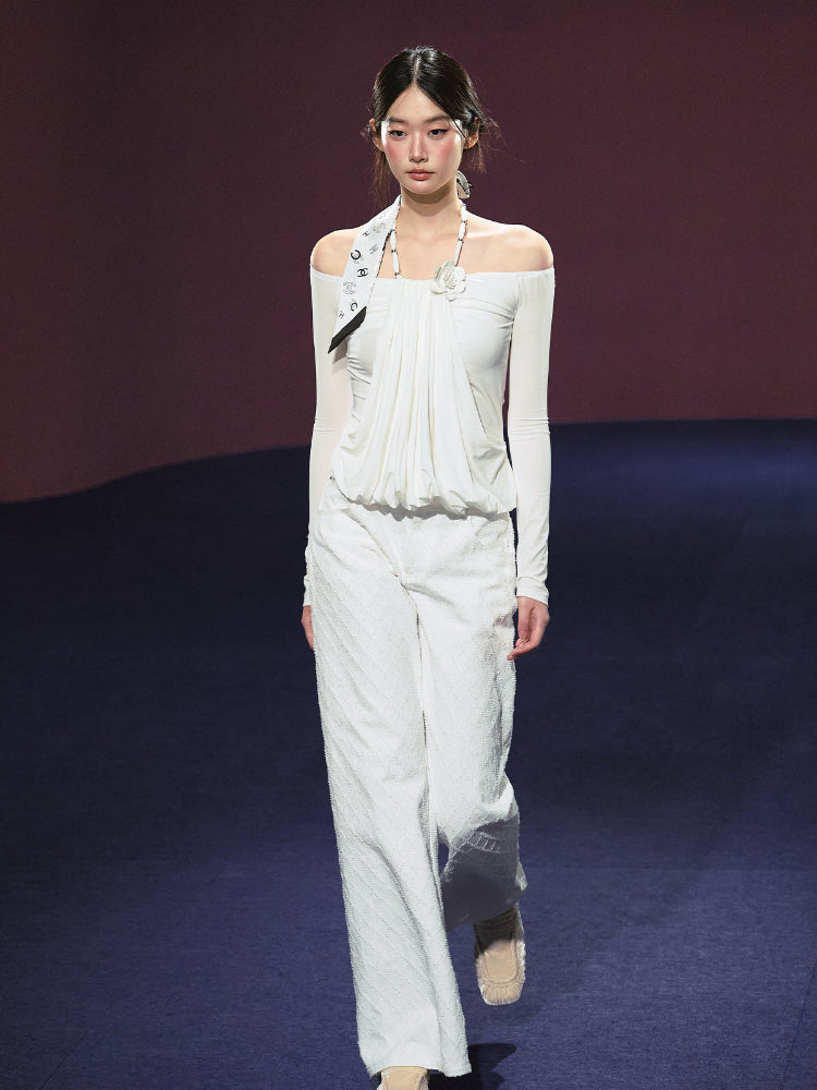 Fake Two-Piece Halter Ruched Floral One-Shoulder Blouse