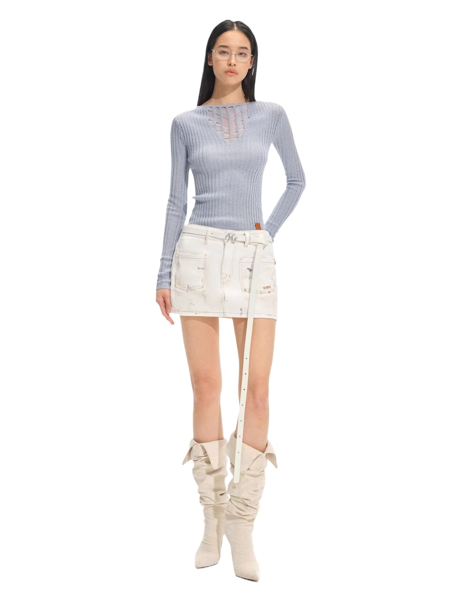 "Blue Ridge" V-Neck Openwork Knit Top