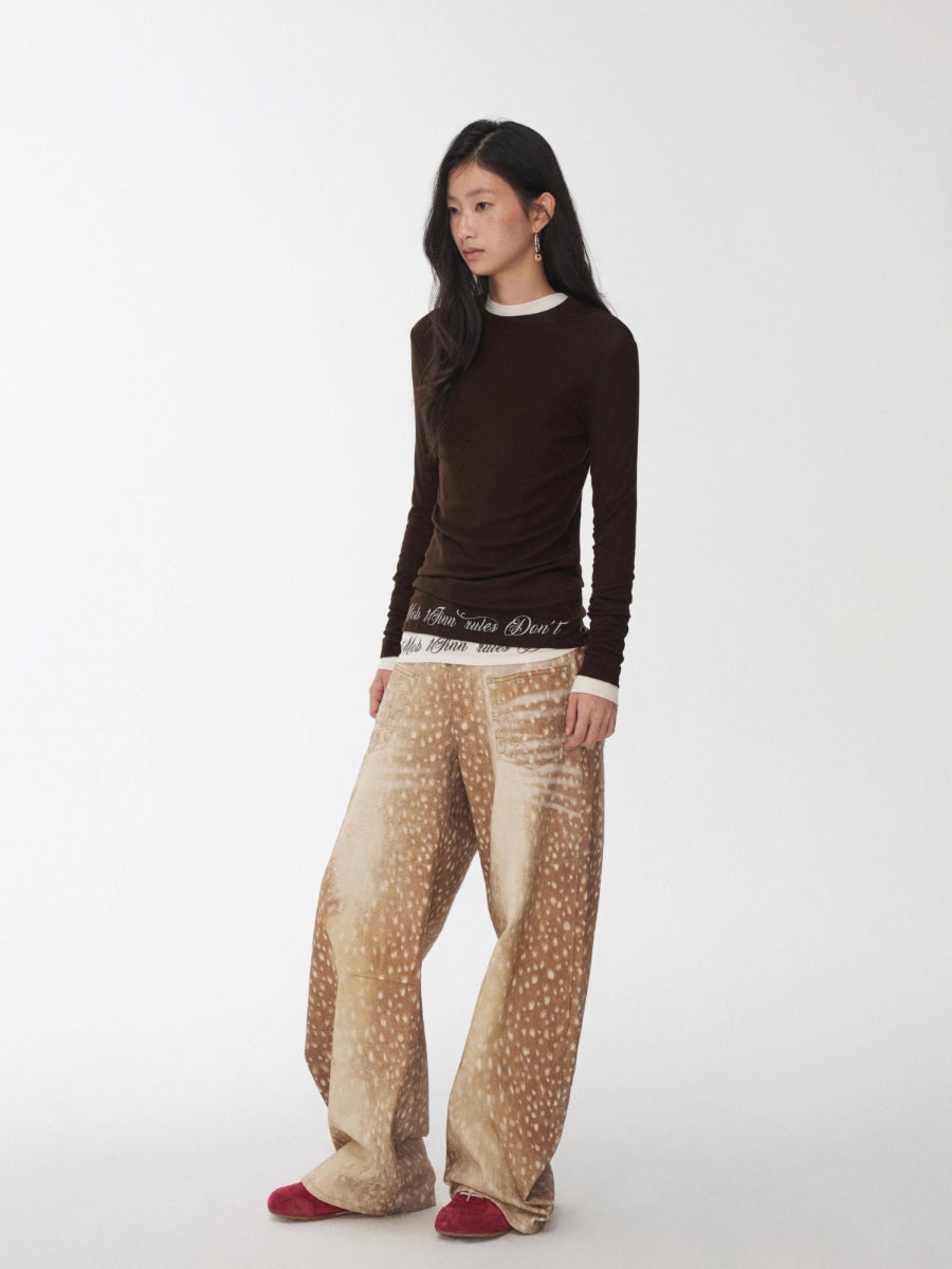 Vintage Deer Print Curved-Leg Canvas Pants