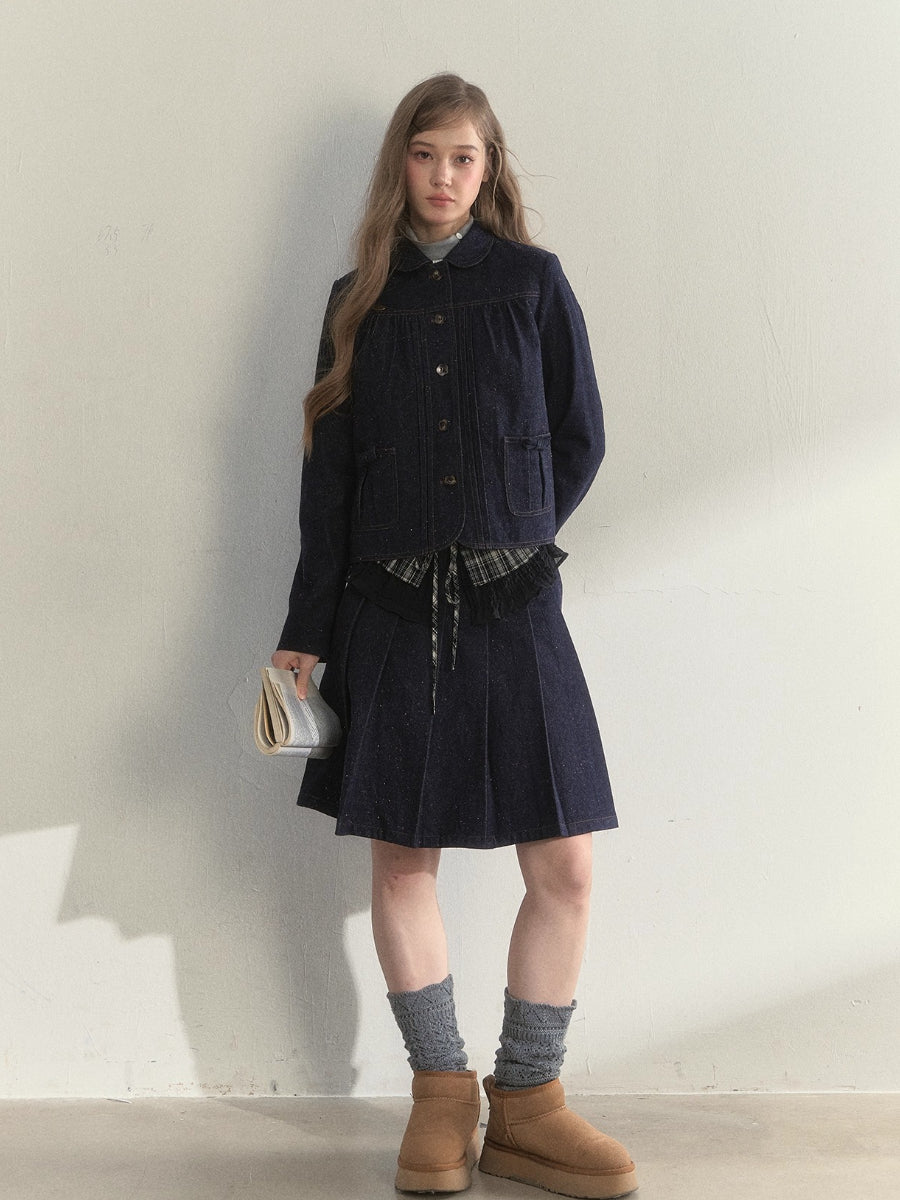Vintage College Denim Padded Jacket & Skirt Set