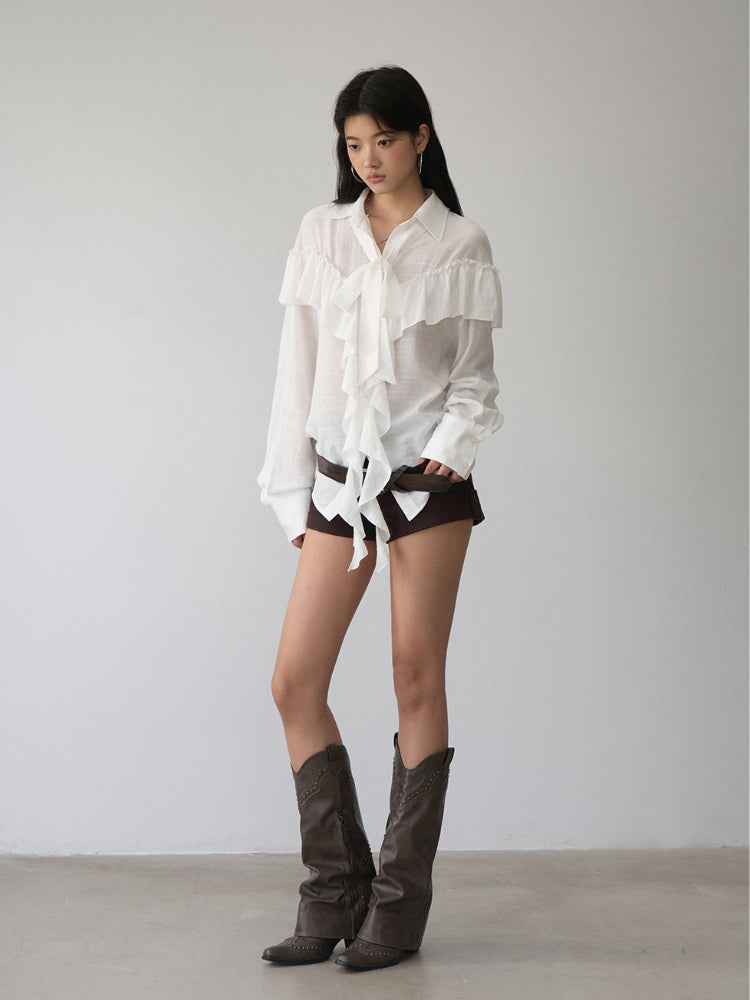 White Ruffled Drawstring Long-Sleeve Shirt