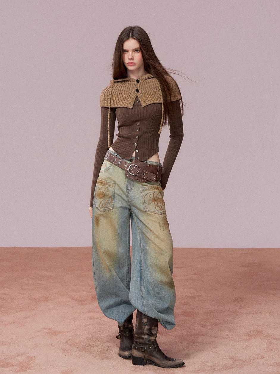 Washed Distressed Embroidered Denim Jeans