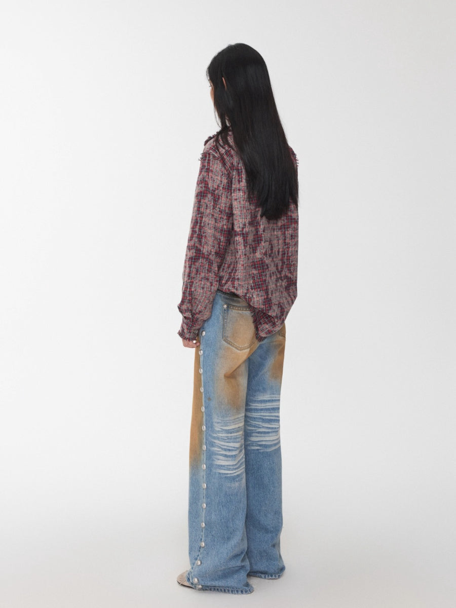 Washed Plaid Frayed-Edge Fitted Shirt